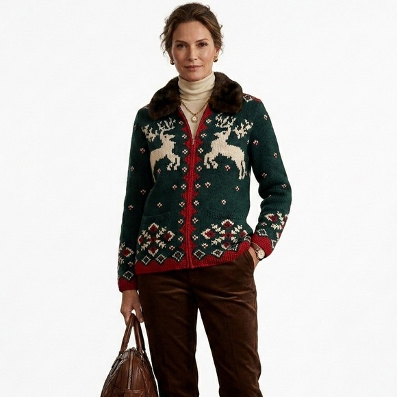 Lauren Ralph Lauren Sweaters - Ralph Lauren Vtg Sweater Cardigan Hand Knit Wool Green Red Holiday Fur Small